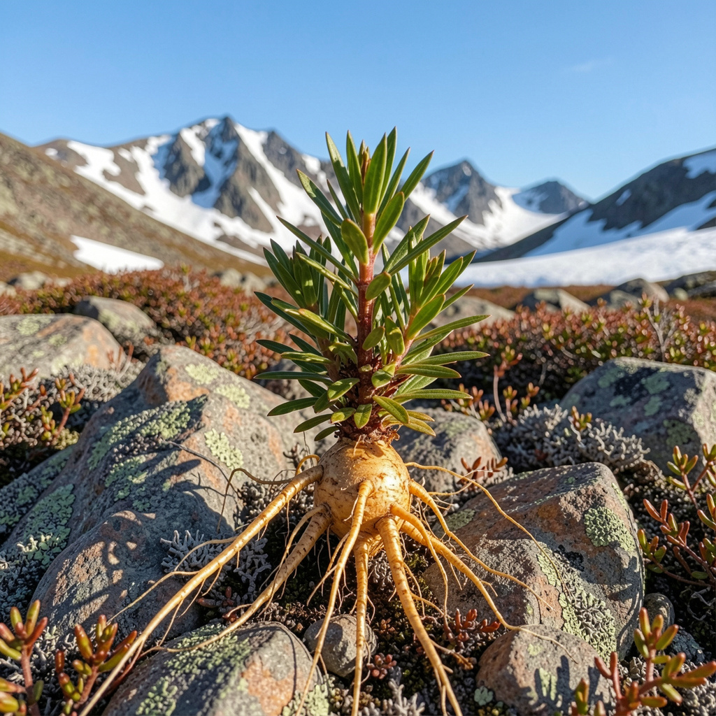 Golden Rhodiola rosea root growing in pristine Nordic mountains